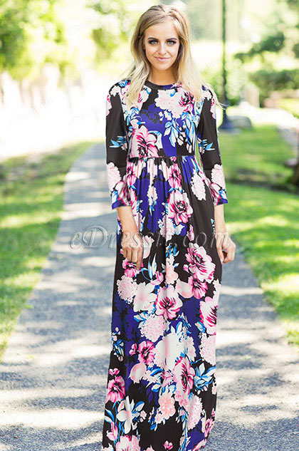 Rundhals Blumenstoff langes Party Sommerkleid