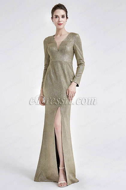 Robe de Soirée V Col Brillante à Manches Longues