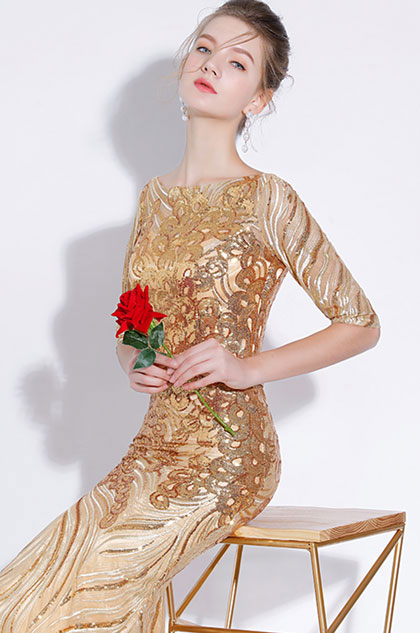 Gorgeous Gold Beaded Sequins Party Prom Formal Gown