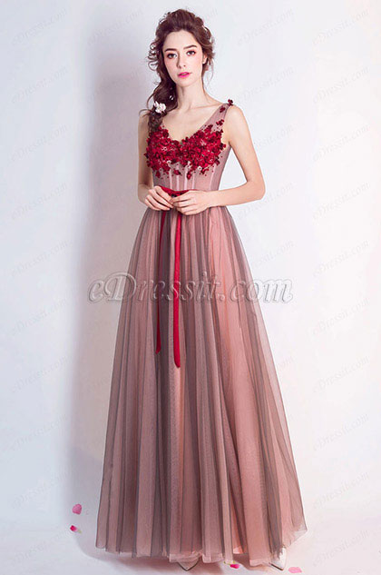 V-Ausschnitt A-Linie Tüll Party Prom Formell Kleid