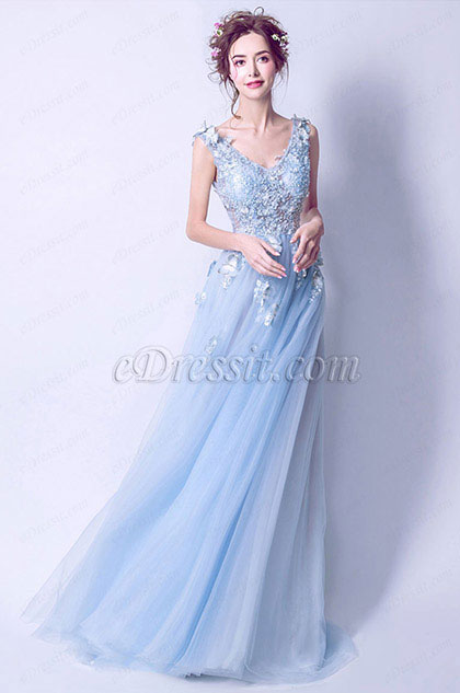 Light Blue V-Cut Beaded Tulle Women Party Dress