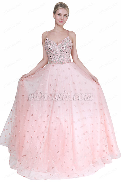 Lovely Pink V-Cut Sequins Tulle Party Evening Dress