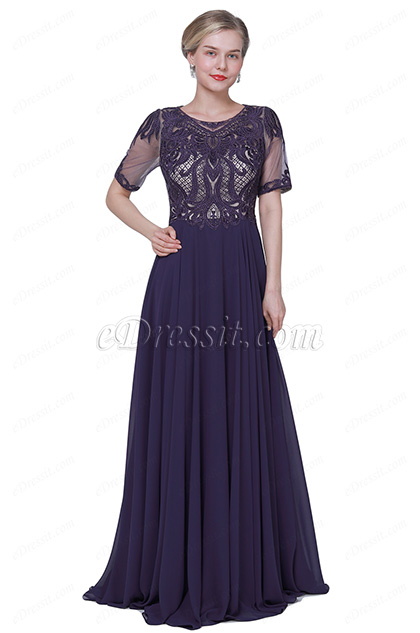 Robe de Soirée Violet à Manches Courtes En Broderie