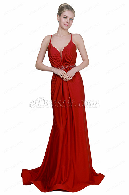 New Red Spaghetti Straps V-Cut Party Evening Dress