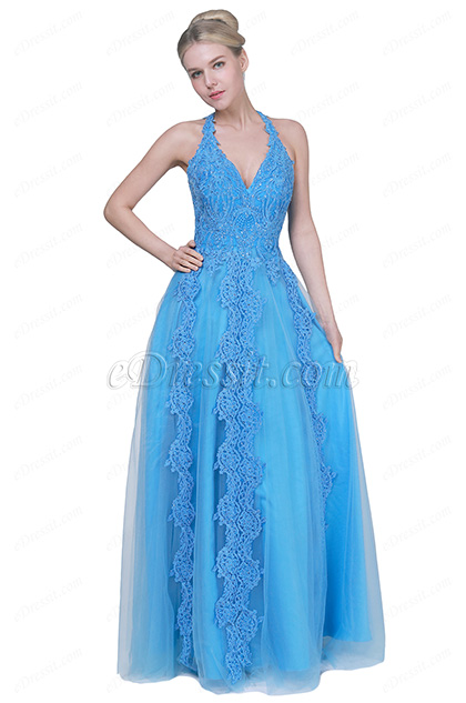 Neu Blau Halfter V-Ausschnitt Tüll Prom Abendkleid