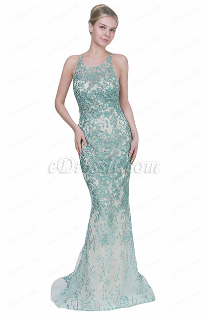 Robe de Soirée Longue à Licou Verte Avec Perles