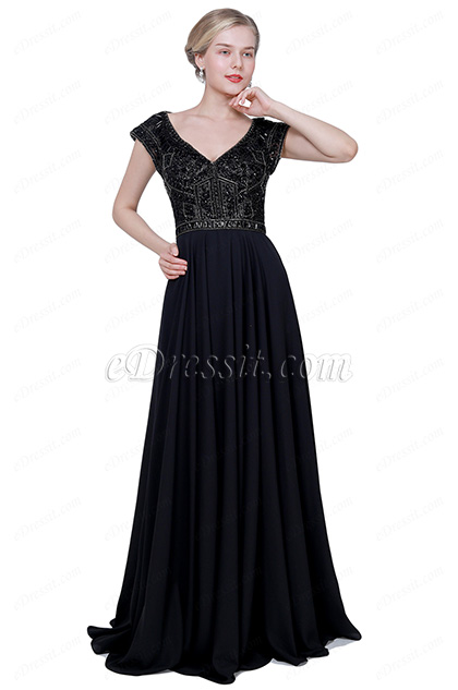 Robe de Soirée Noire à V Col Avec Des Perles
