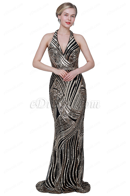 New Shiny Halter Zebra Pattern Sequins Party Ball Dress