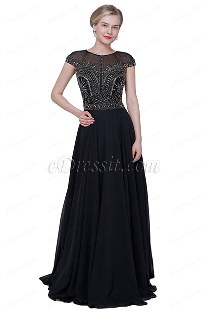 NEW Black Cap Sleeves Elegant Party Prom Dress