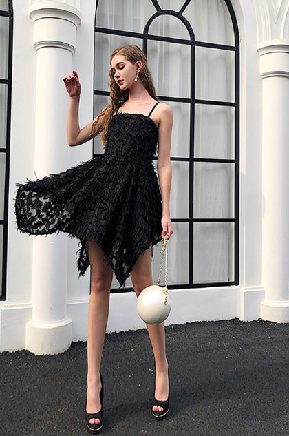 Black Sexy Spaghetti Feather Lace Party Cocktail  Dress