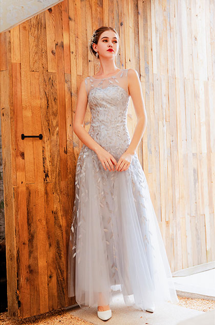 Illusion Neck Embroidery Long Party Prom Dress