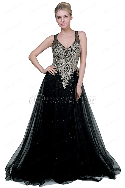 New Black&Gold V-Cut Tulle Formal Party Gown Dress