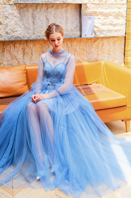 Blue High Neck Fairy Tulle Party Evening Dress