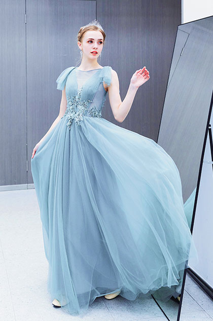 Sexy Blue V-Cut Sheer Lace Tulle Party Prom Dress