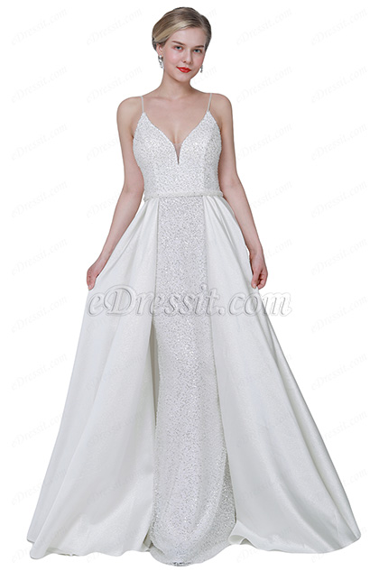 White Sexy V-Cut Sequins Overlay Party Wedding Dress