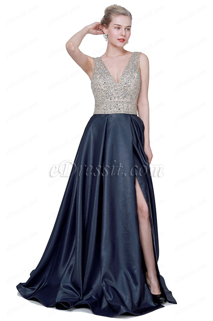 New Shiny Beaded V-Cut High Slit Party Ball Dress