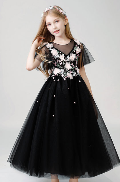 Black Handmande Children Wedding Flower Girl Dress