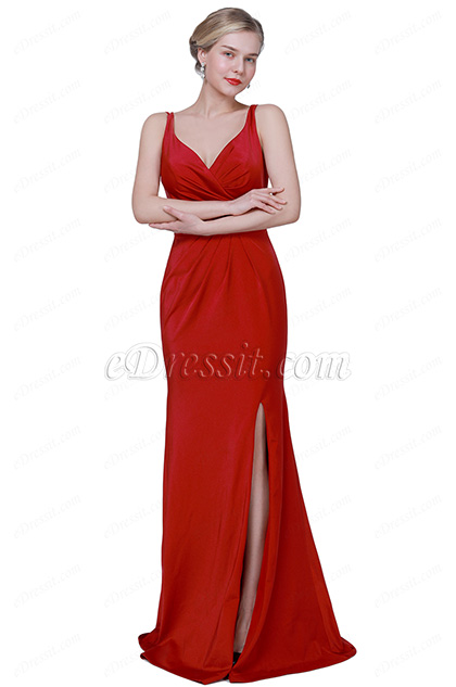 New Red V-Cut High Slit Elegant Party Evening Dress