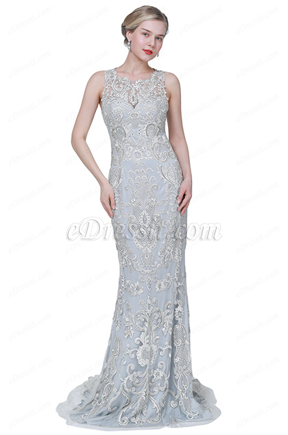 New Blue Unique Lace Applique Party Evening Dress