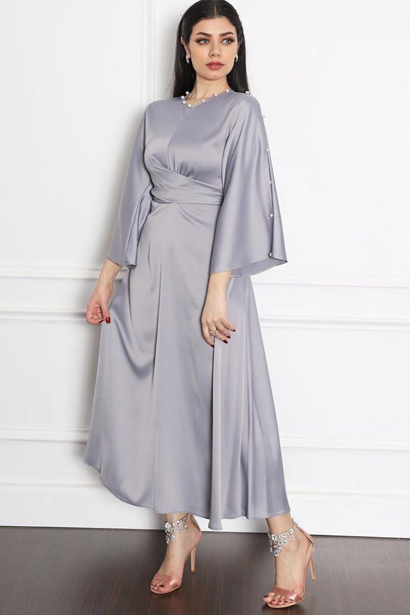 New Women Plain Round Neck Long Sleeves Satin Maxi Evening Dresses
