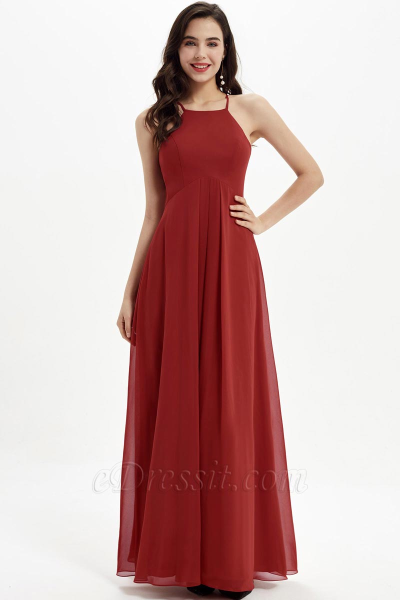 Red Halter Elegant Long Chiffon Bridesmaid Dress