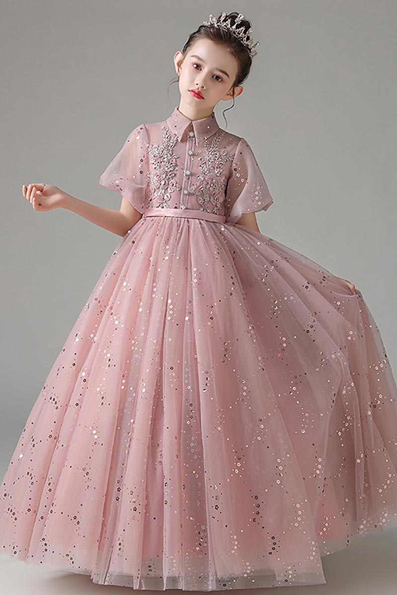 Glänzend Paillette Hoch Hals Kurzarm Tüll Blumenmädchenkleid