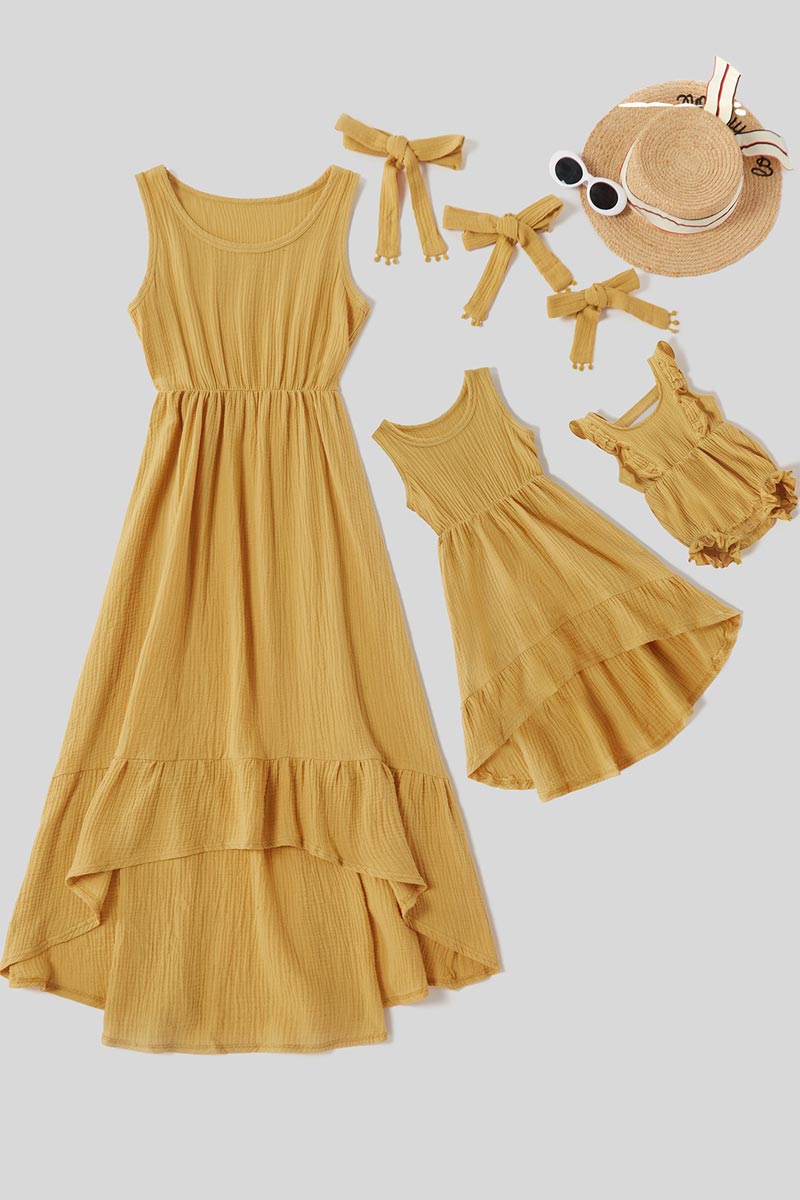 Mommy and Me Summer Sleeveless Matching Maxi Dresses Outfit with Headb