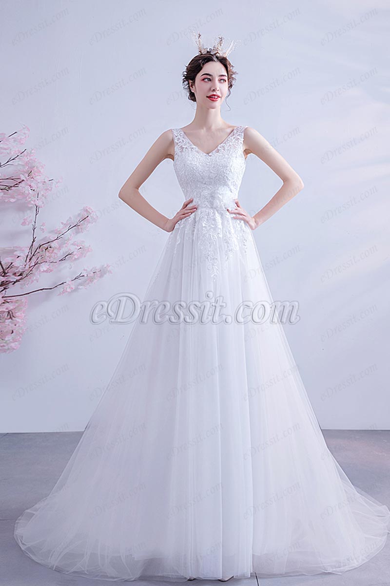 White Classic V-Cut Lace Applique Bridal Wedding Dress