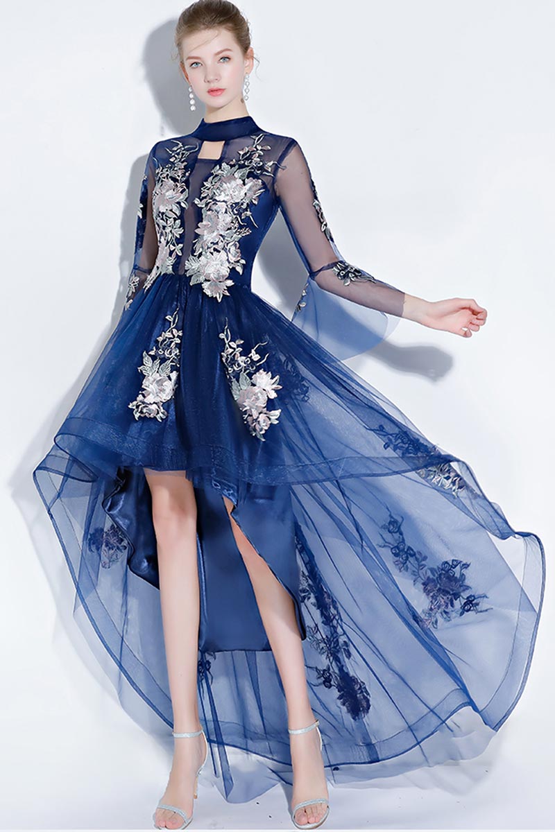 New Three Color Embroidery Sheer Top Long Sleeves Cocktail Party Dress