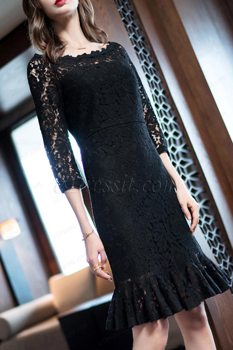 Robe de Soirée Noire/Bordeaux à Manches en Dentelle