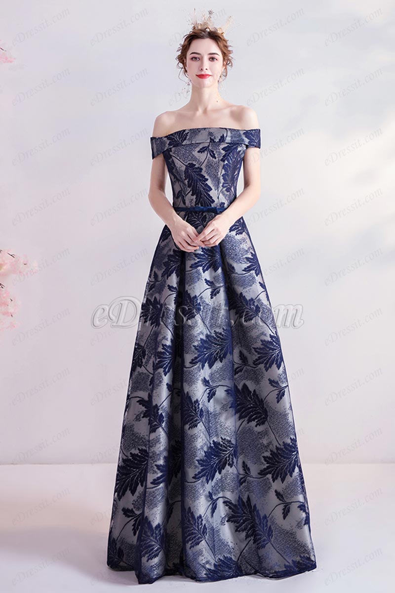 Blue Print Off Shoulder Empire Party Prom Evening Dress