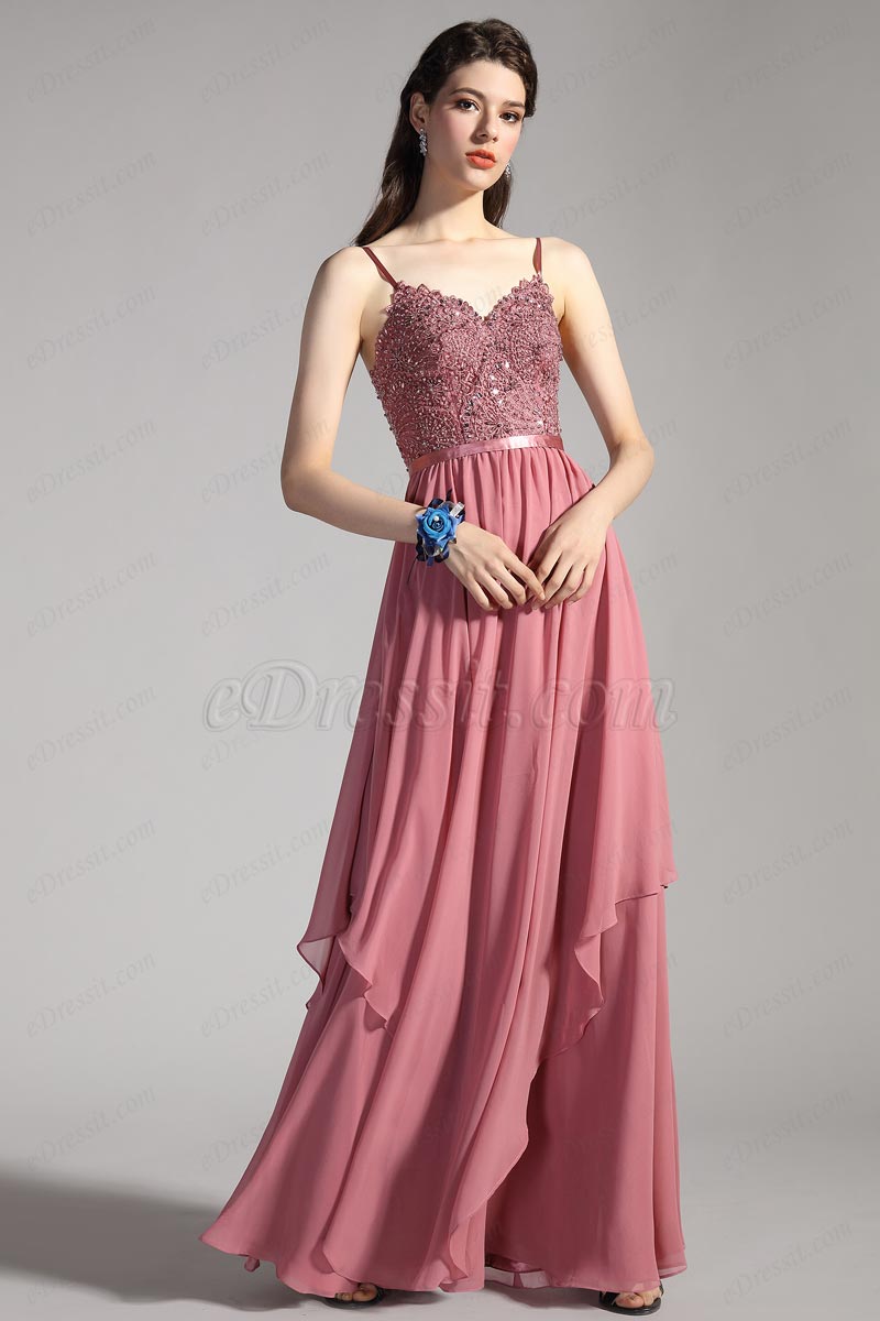 Spaghetti Träger V-schnitt Perlen Party Abendkleid