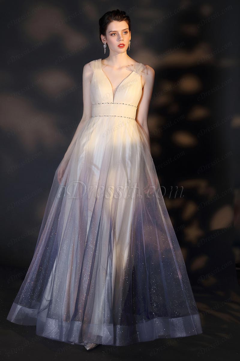 Sexy V-Cut Straps Magical Gradient Tulle Party Dress