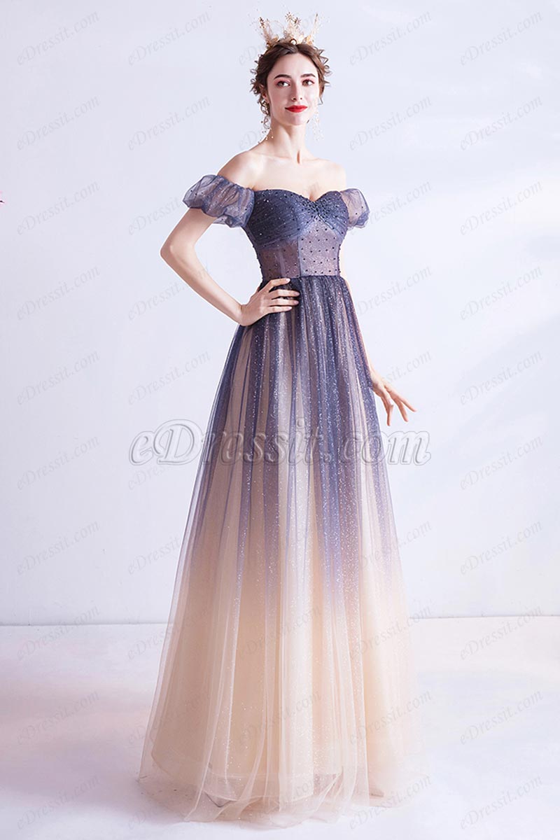 Sexy Gradient OFF Shoulder Shiny Sequins Party Evening Dress