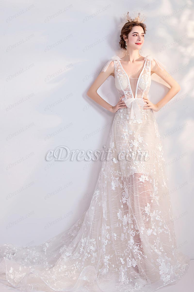 Longue Tulle Col en V Robe de Mariée