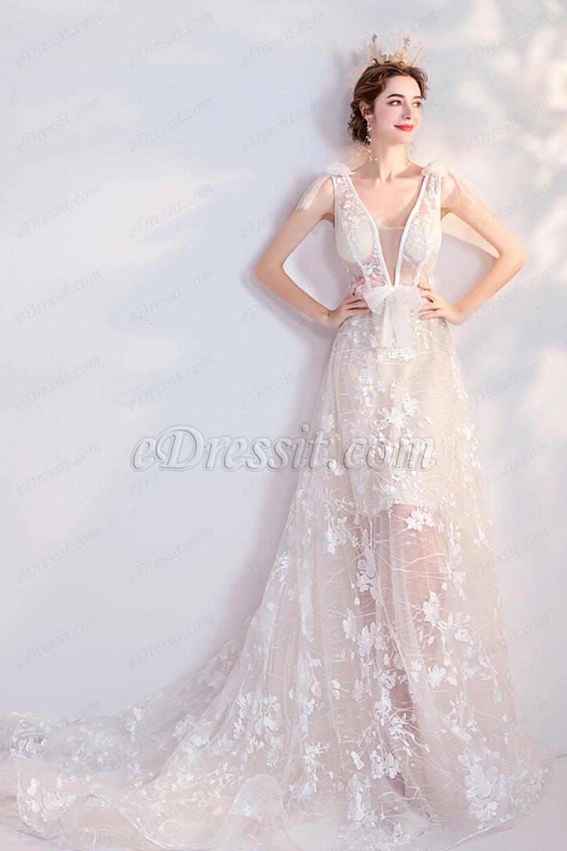 Sexy Deep V-Cut Lace Tulle Long Wedding Bridal Dress