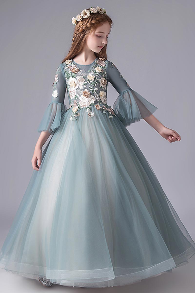 Grüne Spitze Stickerei Blumenmädchen Kleid