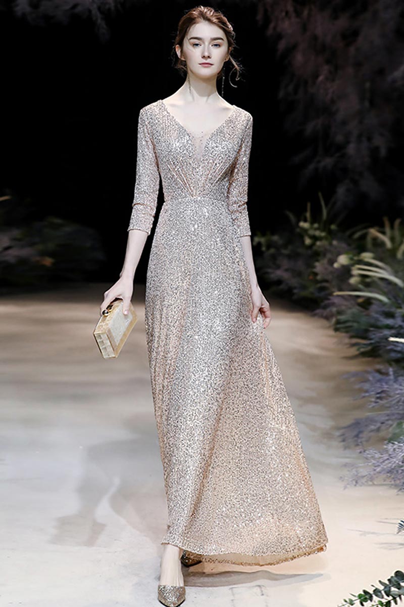 All Over Sparkly Sequin With Sleeve Long Evening Gown