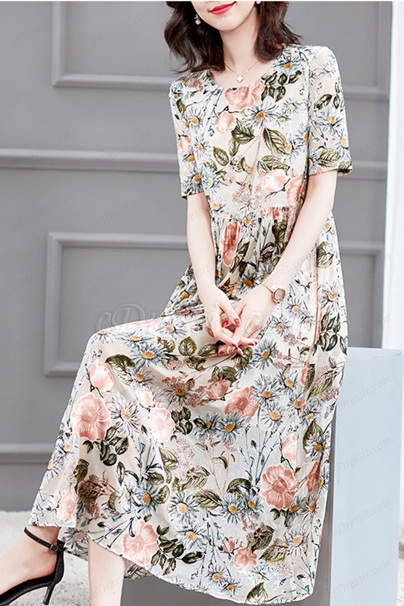 New Women Printed Floral Summer Party Holida Silk Dress