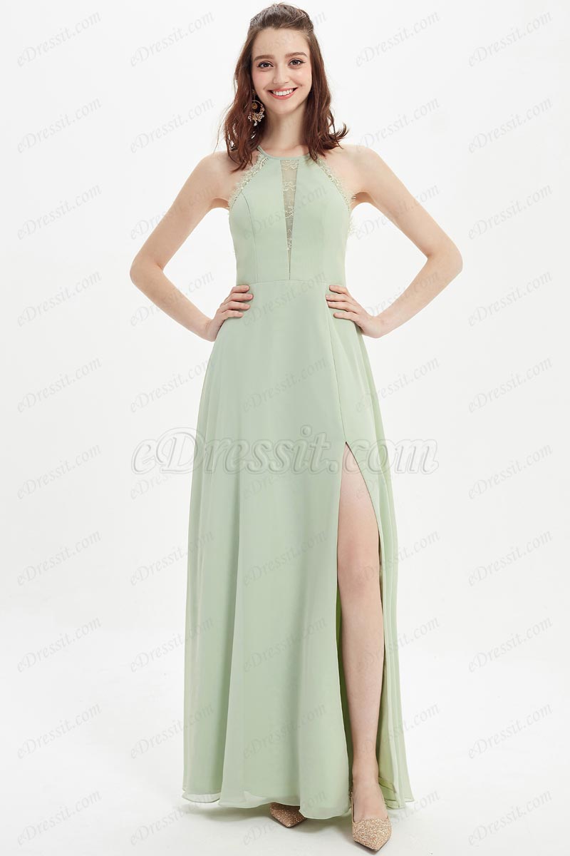 Green Halter Lace Decoration High Slit Bridesmaid Dress