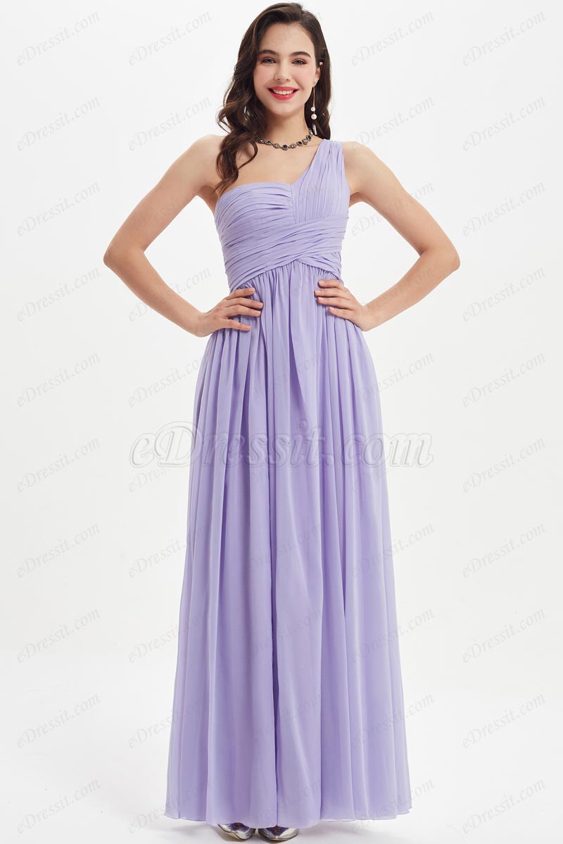Eine Schulter Lila Lang Brautjungfernkleid