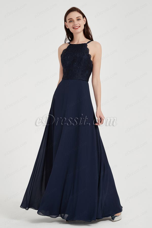 Chiffon Blau Halfter Spitze Rand Ballkleid