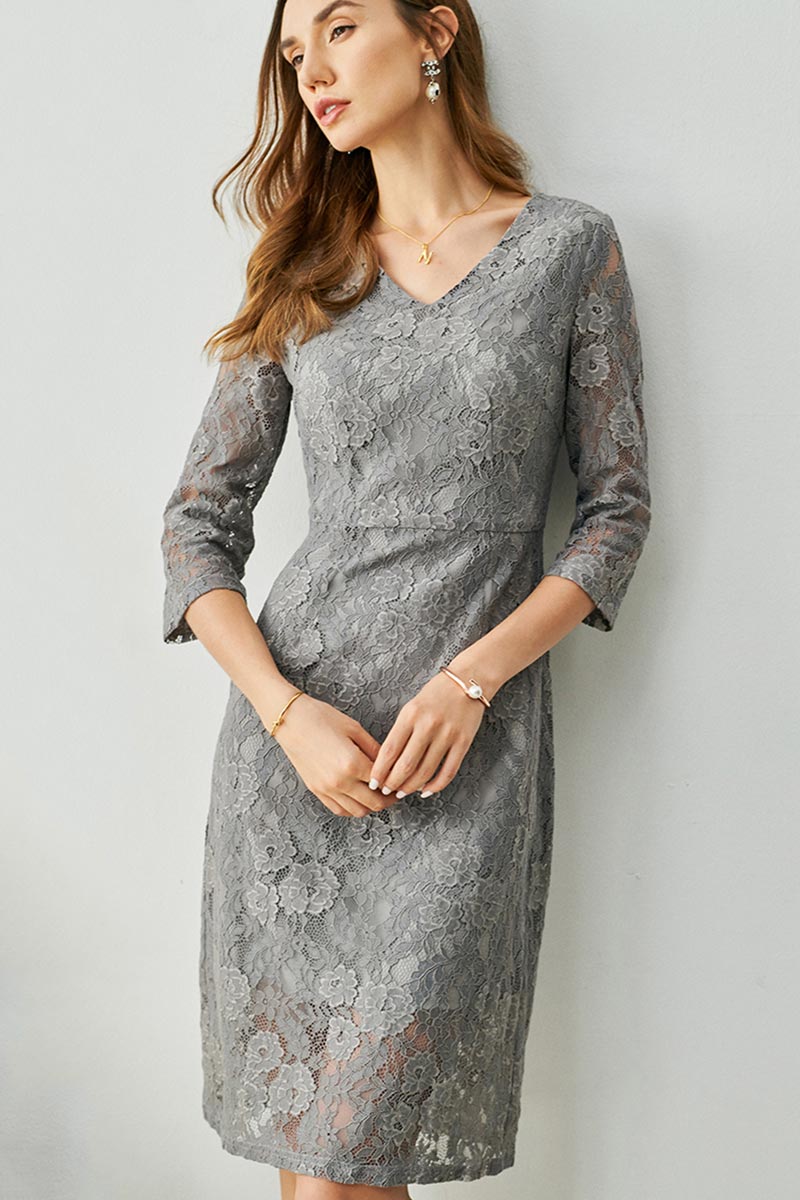 Grey Elegant Sleeves Lace Appliques Party Dress