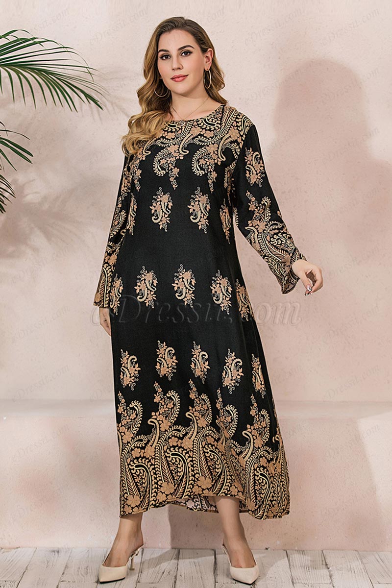 New Women Plus Size Casual Dress Long Sleeve Floral Printed Dress