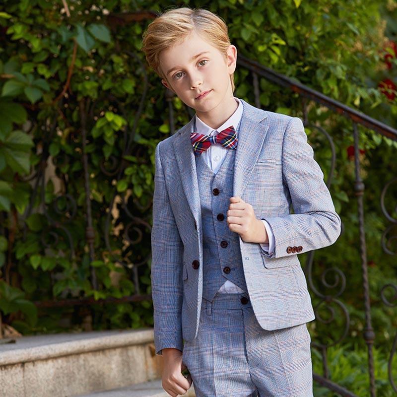 Boys Suit Classic 2 Button Plaid 5 Pieces Fit Suits