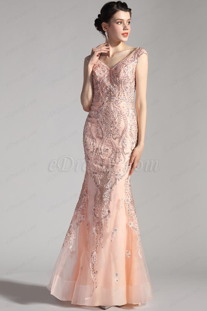 NEW V-Cut Cap Sleeves Mermaid Tulle Ball Prom Dress