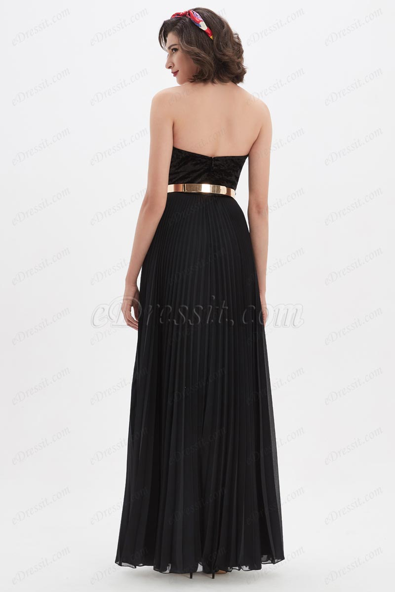 Black Sweetheart Velvet Corset Gold Belt Prom Party Dress (00210500