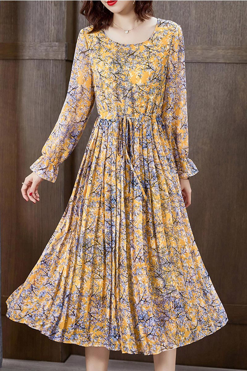 Yellow Floral Printed Chiffon Holiday Party Evening Dress