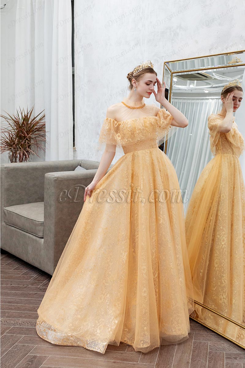 New Gold Off Shoulder Shiny Party Evening Prom Dress