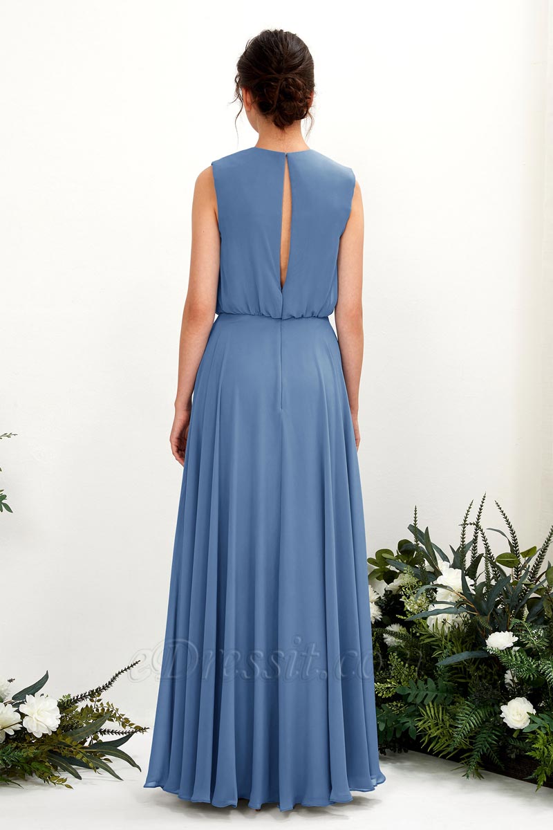 Dusty Blue Bridesmaid Dress A-line Chiffon Round Floor Length Sleeveless  Wedding Party Dress (81222810) - eDressit